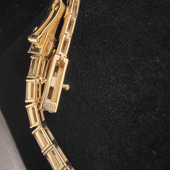 Yellow Gold and Baguette Cut Lab Padparadscha Sapphire Bracelet 7.5 inches Long - Picture 5 of 5